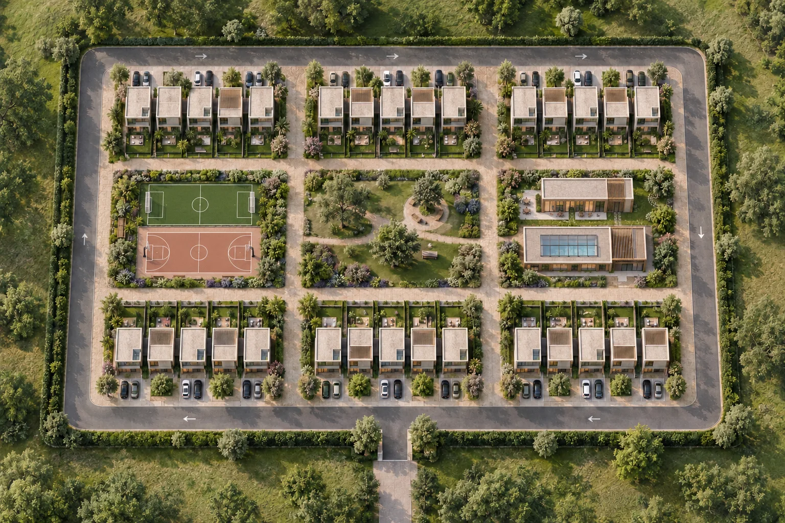 Vista aérea conceptual: seis grupos de cinco viviendas en dos hileras, canchas de fútbol y baloncesto a la izquierda, parque central, salón comunitario y piscina cubierta a la derecha