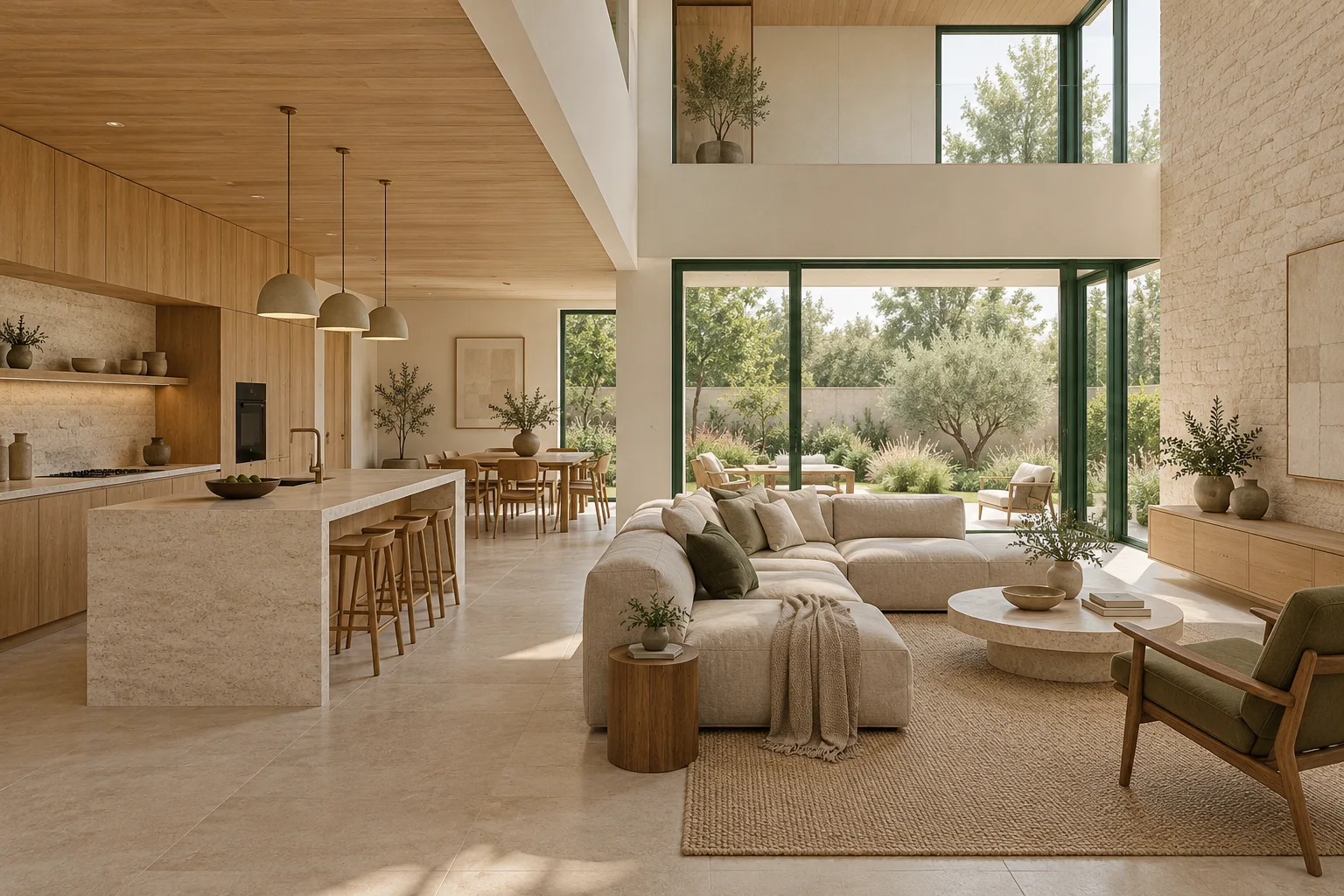 Salón conceptual conectado con una cocina abierta, muebles de madera y salida al pequeño jardín