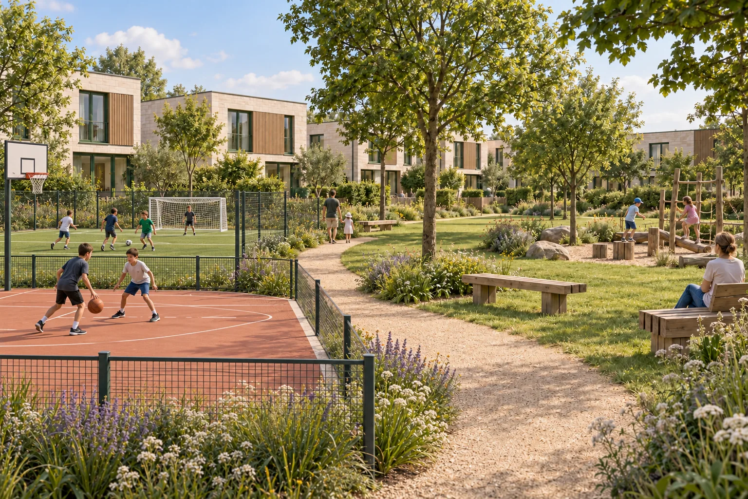 Zona deportiva conceptual con canchas de fútbol y baloncesto, parque y viviendas de dos plantas