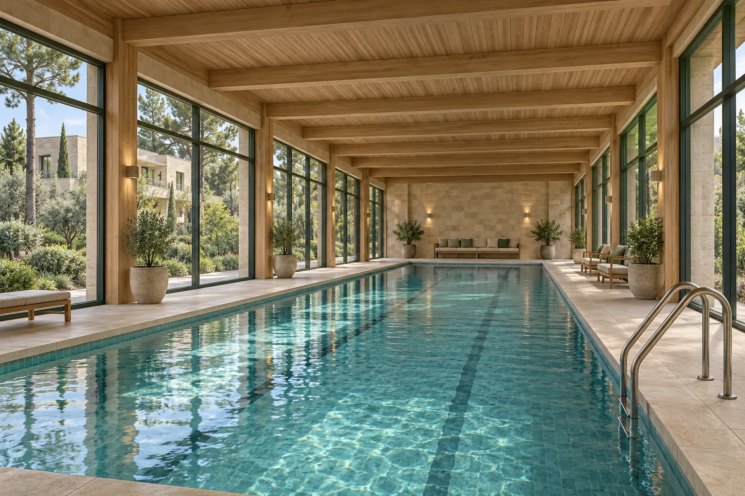 Interior conceptual de una piscina rectangular completamente cubierta y cerrada, con techo de madera y paredes acristaladas