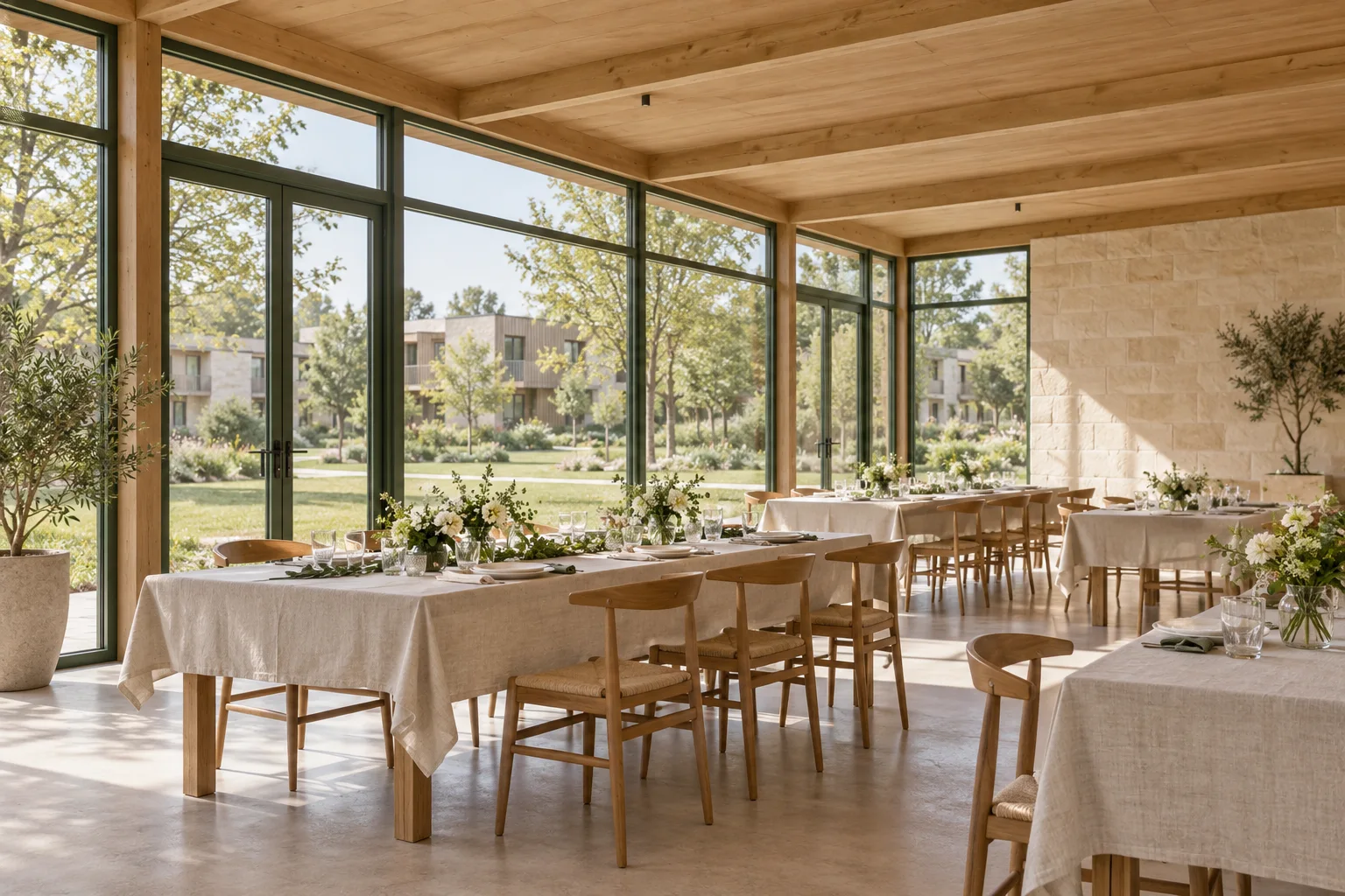 Visualización conceptual del salón comunitario para fiestas y encuentros, con mesas y acabados de piedra y madera