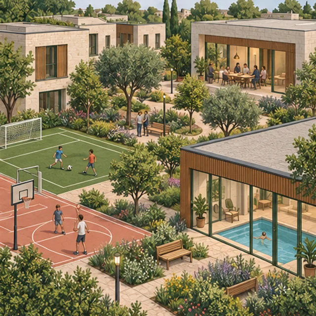 Espacios comunitarios con jardines, canchas de fútbol y baloncesto, salón comunitario y piscina cubierta
